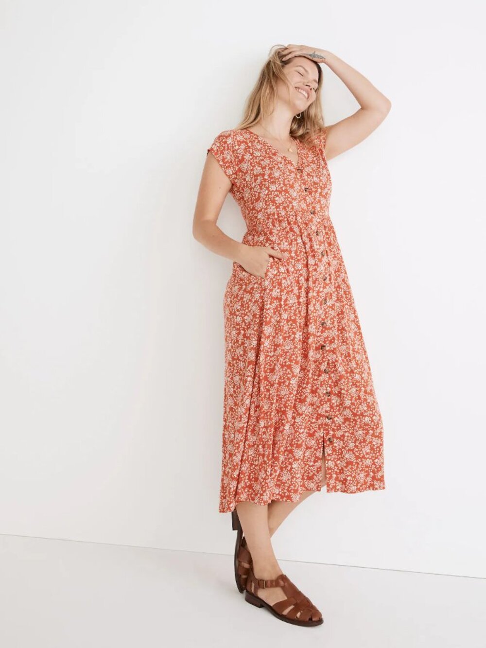 Button-Front Midi Dress in Piazza Floral - Fresh Chili